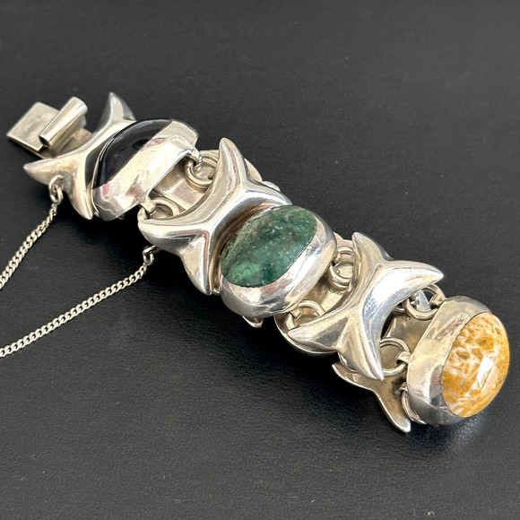 Taxco Vintage 925 Sterling Silver Heavy Chunky Multi Gemstone Link Bracelet 6.5" - Picture 7 of 12